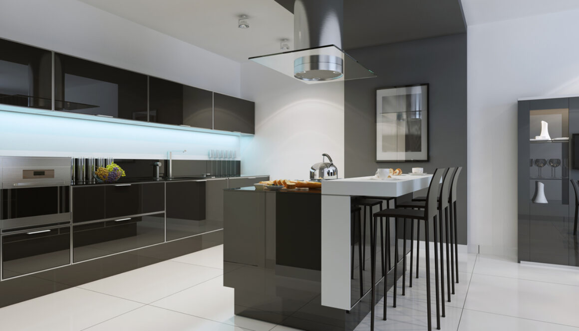 shutterstock_299130821 Idea of minimalist kitchen . Modern kitchen with an undermount sink, flat-panel cabinets, black tone cabinets and paneled appliances. 3D render